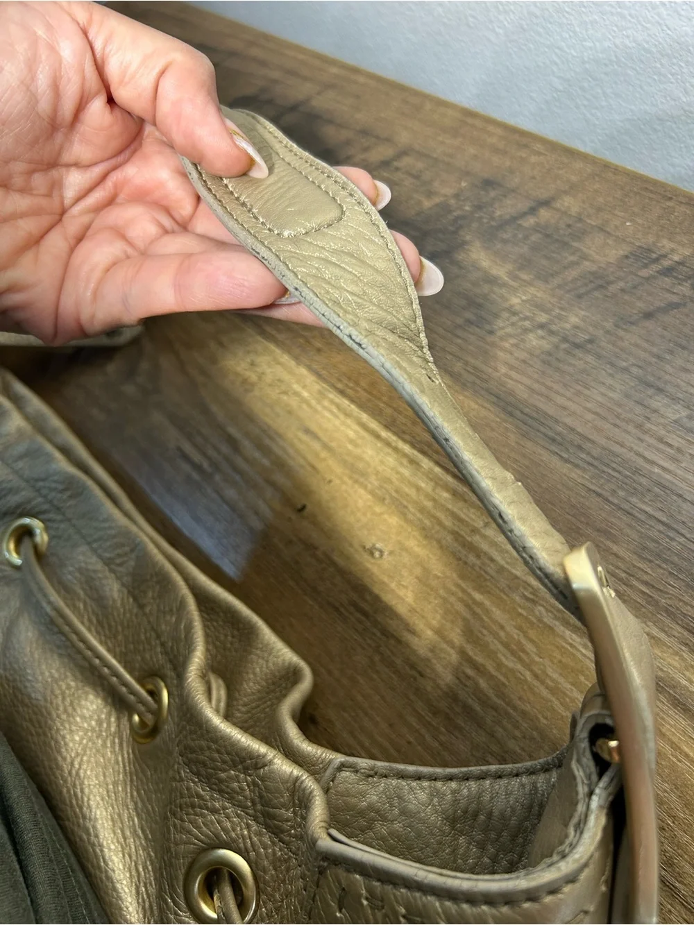 Cole Haan Metallic Taupe Drawstring Hobo Bag